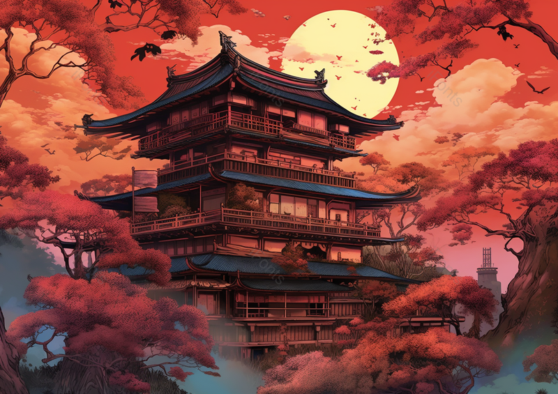 中国风国潮新中式秋季时节落日晚霞古风建筑树木枫树室外无人的场景背景插画,插画/手绘图,插画/手绘图库,插画/手绘图下载,插画/手绘